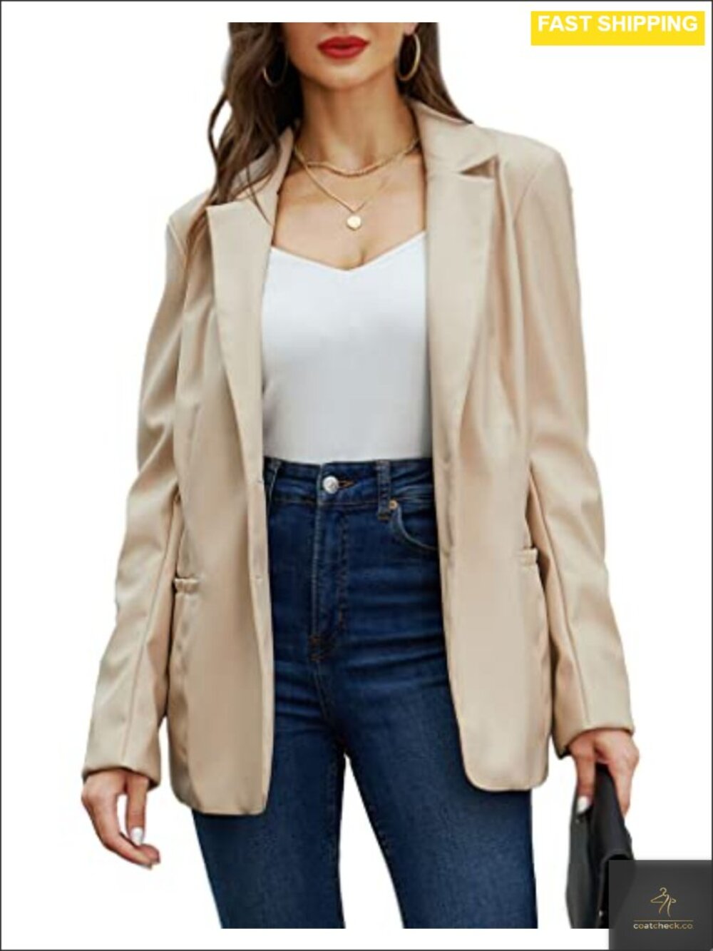 Faux Leather Blazer Jacket Single Breasted PU Coat Notch Lapel